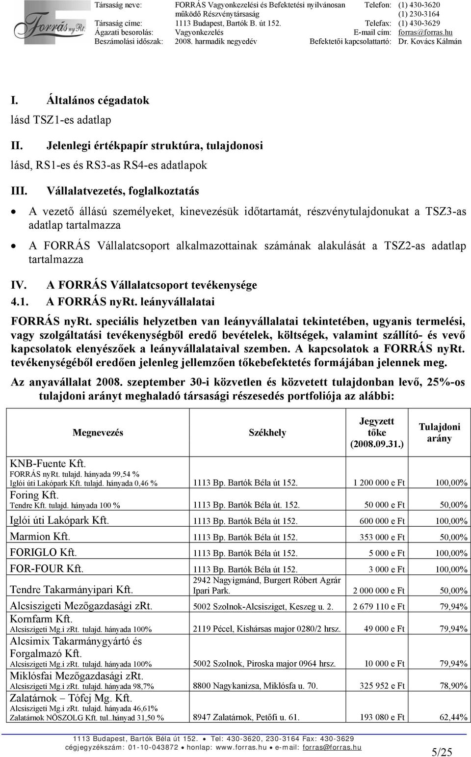 a TSZ2-as adatlap tartalmazza IV. A FORRÁS Vállalatcsoport tevékenysége 4.1. A FORRÁS nyrt. leányvállalatai FORRÁS nyrt.