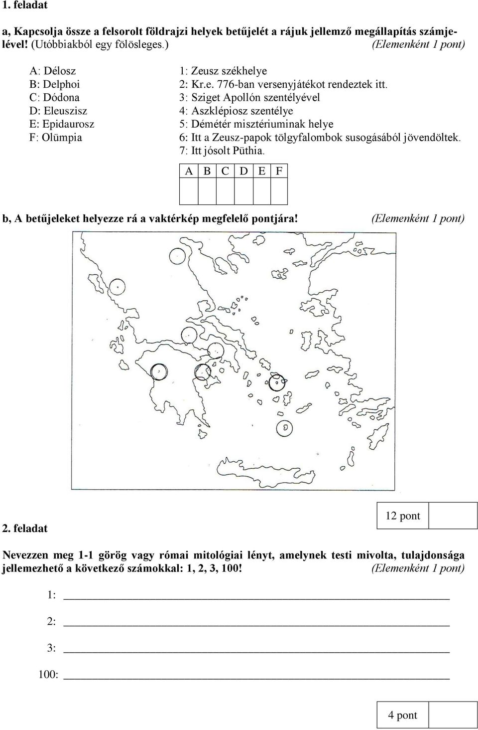 C: Dódona 3: Sziget Apollón szentélyével D: Eleuszisz 4: Aszklépiosz szentélye E: Epidaurosz 5: Démétér misztériuminak helye F: Olümpia 6: Itt a Zeusz-papok tölgyfalombok susogásából