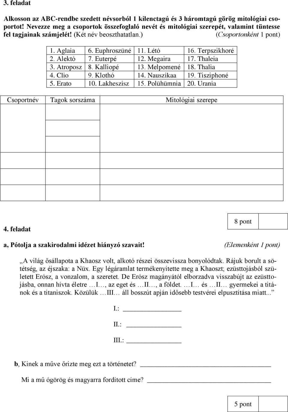 Terpszikhoré 2. Alektó 7. Euterpé 12. Megaira 17. Thaleia 3. Atroposz 8. Kalliopé 13. Melpomené 18. Thalia 4. Clio 9. Klothó 14. Nauszikaa 19. Tisziphoné 5. Erato 10. Lakheszisz 15. Polühümnia 20.