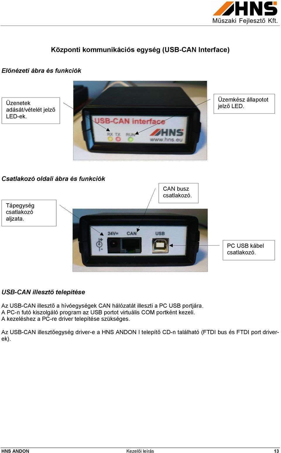 USB-CAN illesztő telepítése Az USB-CAN illesztő a hívóegységek CAN hálózatát illeszti a PC USB portjára.