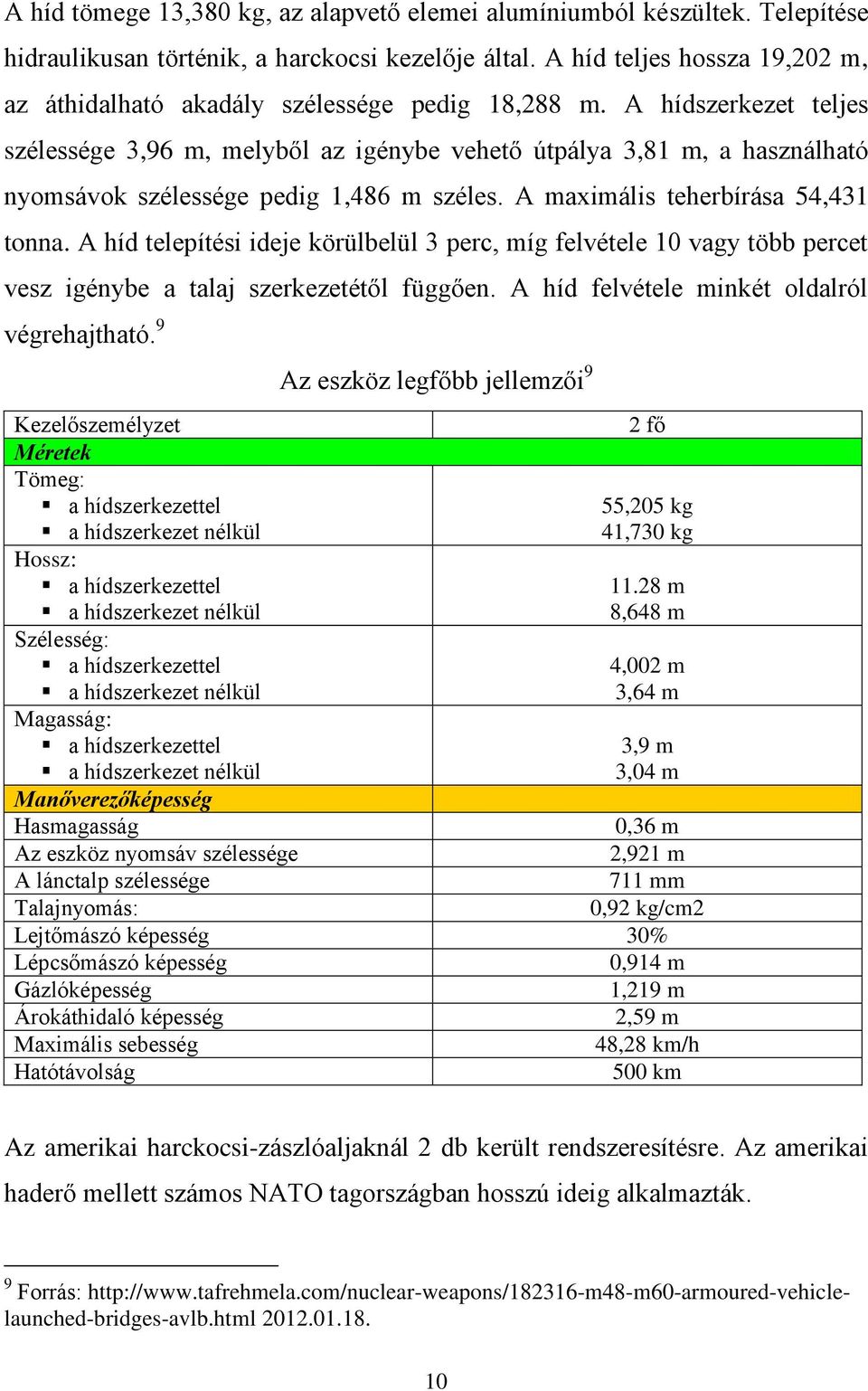 A hídszerkezet teljes szélessége 3,96 m, melyből az igénybe vehető útpálya 3,81 m, a használható nyomsávok szélessége pedig 1,486 m széles. A maximális teherbírása 54,431 tonna.