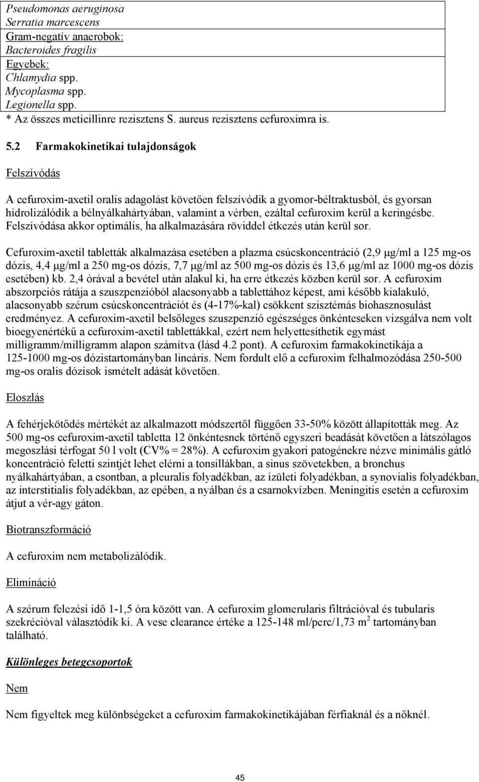 2 Farmakokinetikai tulajdonságok Felszívódás A cefuroxim-axetil oralis adagolást követően felszívódik a gyomor-béltraktusból, és gyorsan hidrolizálódik a bélnyálkahártyában, valamint a vérben,