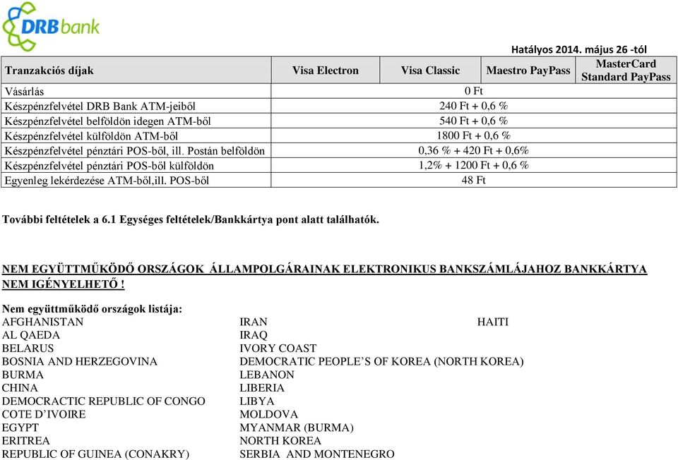 Postán belföldön 0,36 % + 42 + 0,6% Készpénzfelvétel pénztári POS-ből külföldön 1,2% + 120 + 0,6 % Egyenleg lekérdezése ATM-ből,ill. POS-ből 48 Ft További feltételek a 6.