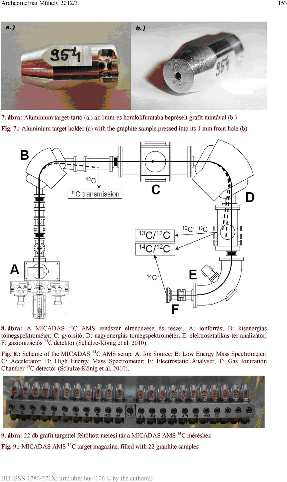 A: ionforrás; B: kisenergiás tömegspektrométer; C: gyorsító; D: nagyenergiás tömegspektrométer; E: elektrosztatikus-tér analizátor; F: gázionizációs 14 C detektor (Schulze-König et al. 2010). Fig. 8.