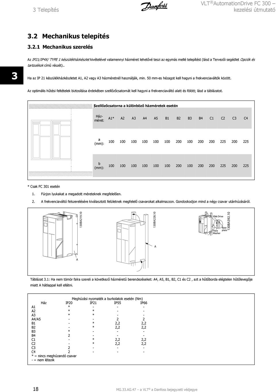 1 Mechanikus szerelés 3 Az IP21/IP4X/ TYPE 1 készülékházkészlet kivételével valamennyi házméret lehetővé teszi az egymás mellé telepítést (lásd a Tervezői segédlet Opciók és tartozékok című részét).