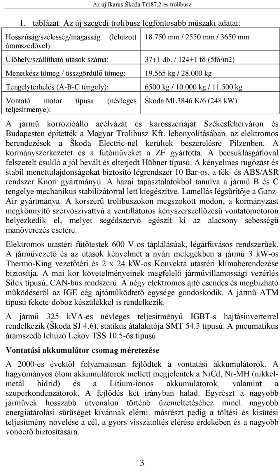 500 kg Škoda ML3846 K/6 (248 kw) A jármű korrózióálló acélvázát és karosszériáját Székesfehérváron és Budapesten építették a Magyar Trolibusz Kft.