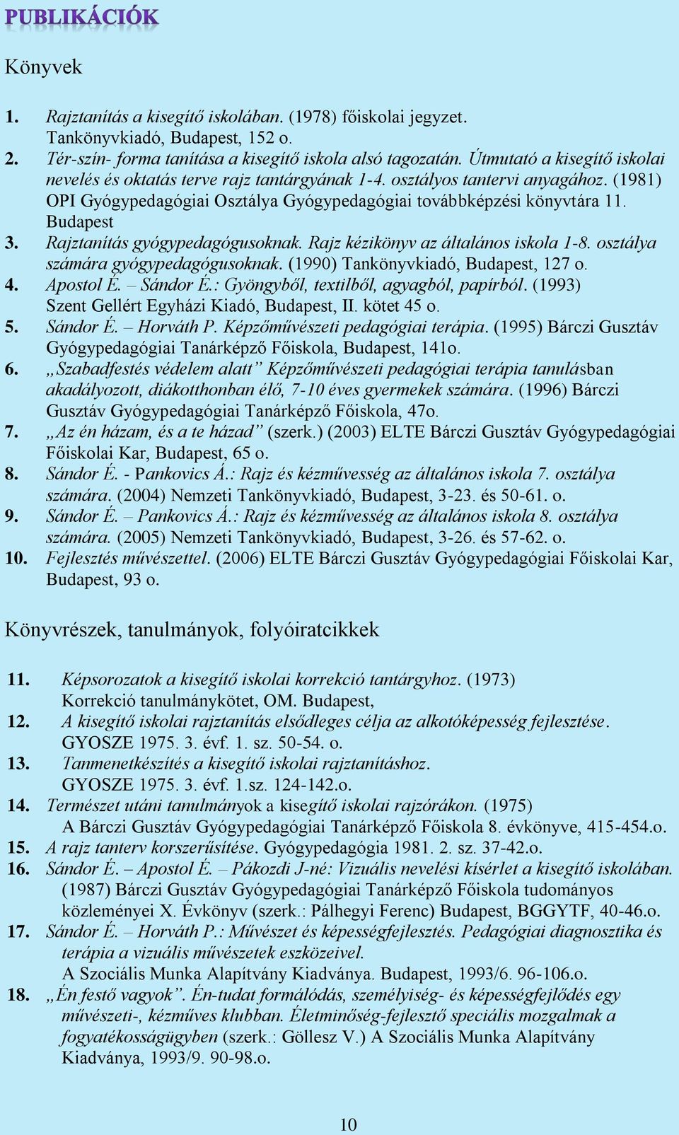 Rajztanítás gyógypedagógusoknak. Rajz kézikönyv az általános iskola 1-8. osztálya számára gyógypedagógusoknak. (1990) Tankönyvkiadó, Budapest, 127 o. 4. Apostol É. Sándor É.