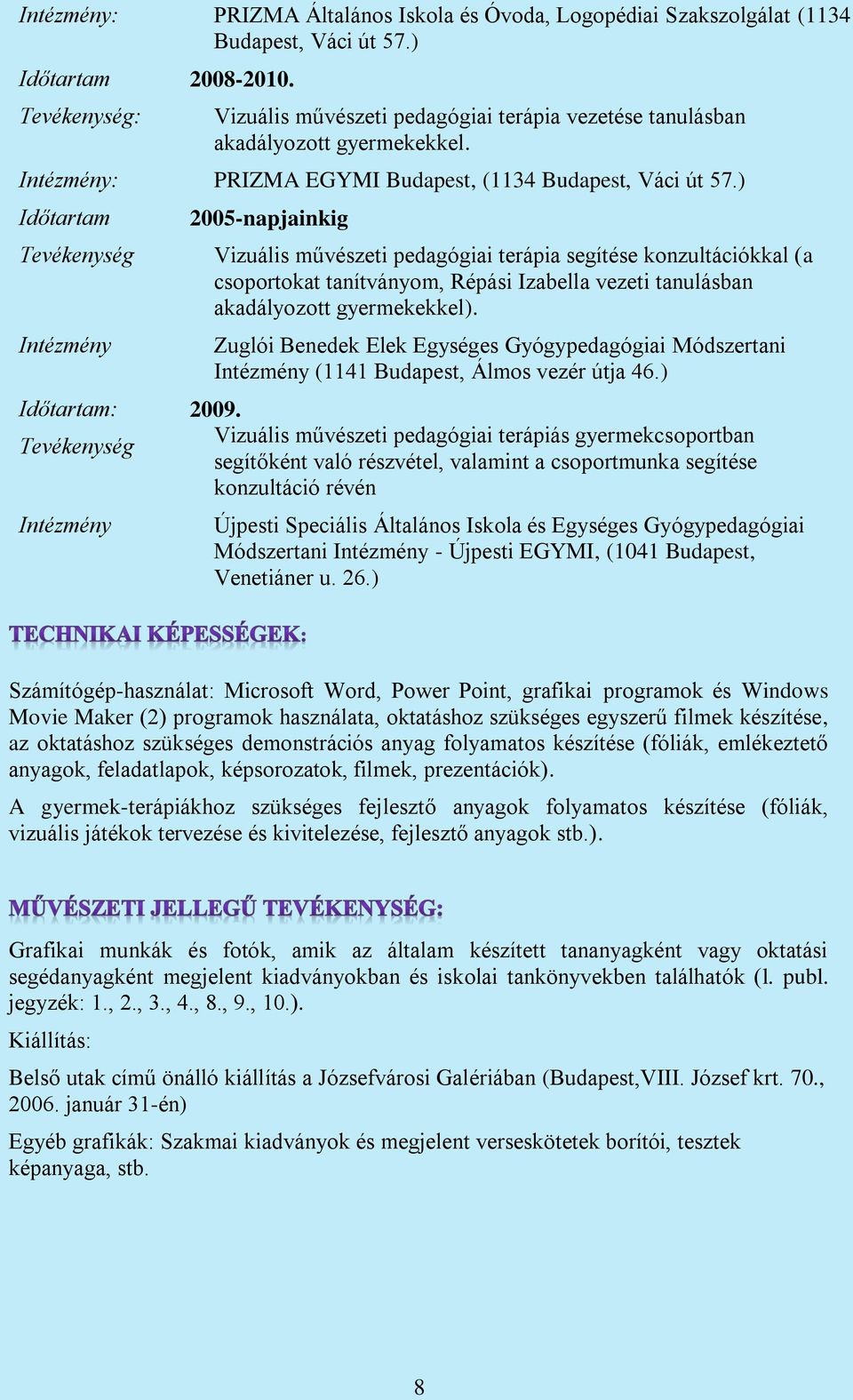 ) Időtartam 2005-napjainkig Vizuális művészeti pedagógiai terápia segítése konzultációkkal (a csoportokat tanítványom, Répási Izabella vezeti tanulásban akadályozott gyermekekkel).