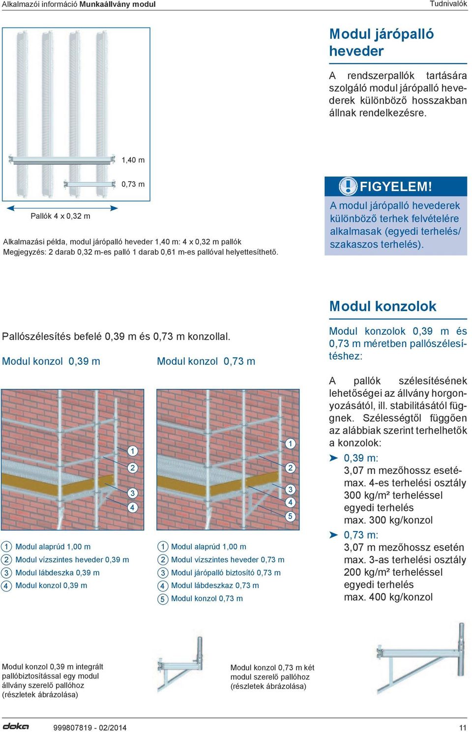 A modul járópalló hevederek különböző terhek felvételére alkalmasak (egyedi terhelés/ szakaszos terhelés). Modul konzolok Pallószélesítés befelé 0,39 m és 0,73 m konzollal.