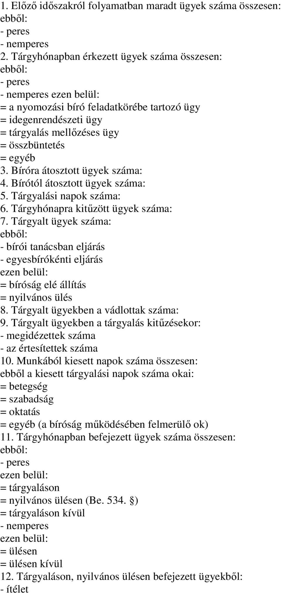 Bíróra átosztott ügyek száma: 4. Bírótól átosztott ügyek száma: 5. Tárgyalási napok száma: 6. Tárgyhónapra kitűzött ügyek száma: 7.