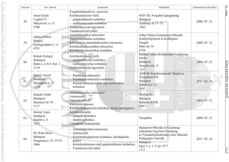 1046 Jármûelektronikai technikus Kötöttpályás jármûelektronikai mûszerész Közlekedésautomatikai mûszerész Közlekedésautomatikai technikus Repülõgép-mûszerész Repülõgép-mûszerész technikus légi