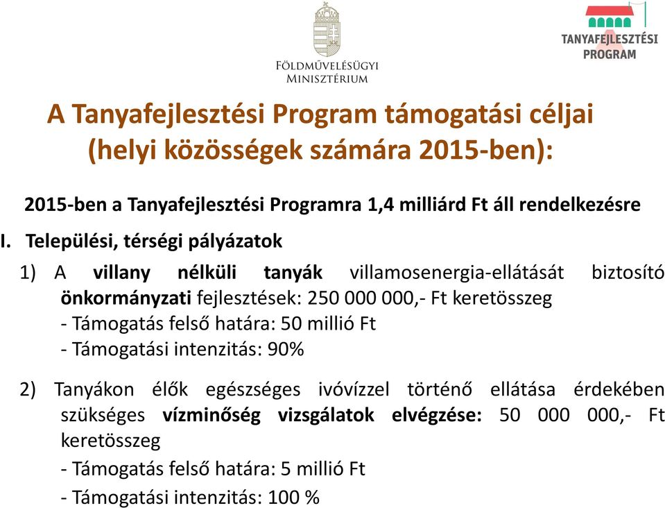 Települési, térségi pályázatok 90%-os intenzitás) 1) A villany nélküli tanyák villamosenergia-ellátását biztosító önkormányzati fejlesztések: 250 000