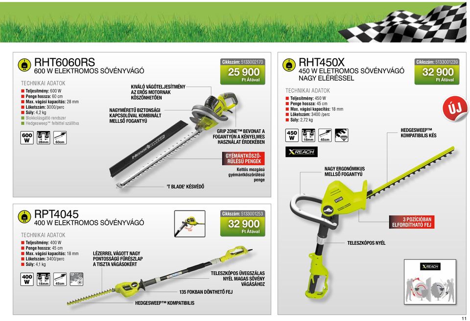 erős motornak köszönhetően Nagyméretű biztonsági kapcsolóval kombinált mellső fogantyú Cikkszám: 5133002170 25 900 GRIP ZONE bevonat a fogantyún a kényelmes használat érdekében RHT450X 450 W