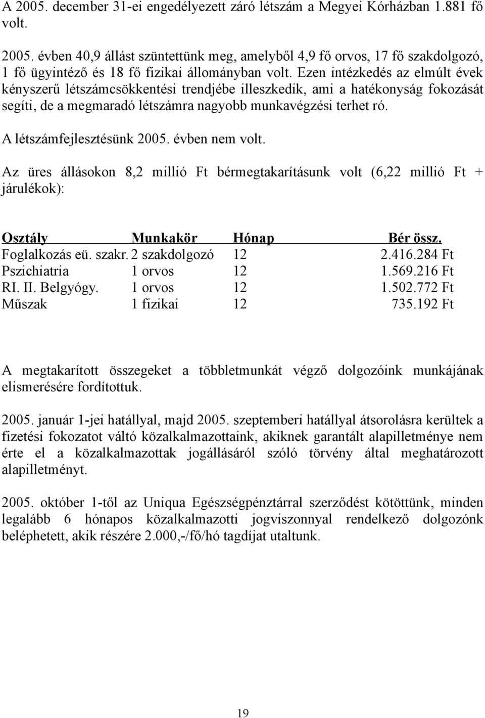 A létszámfejlesztésünk 2005. évben nem volt. Az üres állásokon 8,2 millió Ft bérmegtakarításunk volt (6,22 millió Ft + járulékok): Osztály Munkakör Hónap Bér össz. Foglalkozás eü. szakr.