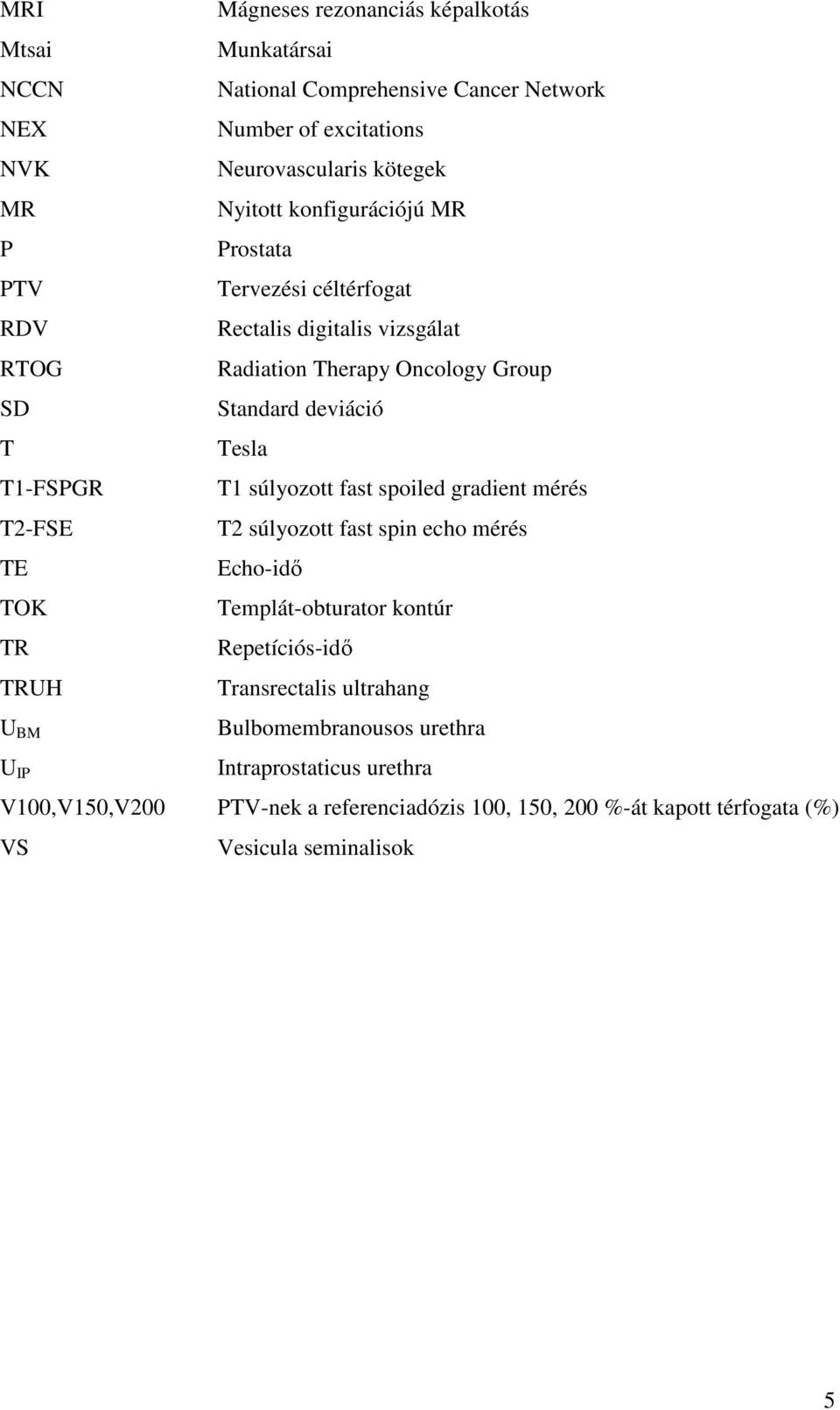 T1 súlyozott fast spoiled gradient mérés T2-FSE T2 súlyozott fast spin echo mérés TE Echo-idő TOK Templát-obturator kontúr TR Repetíciós-idő TRUH Transrectalis