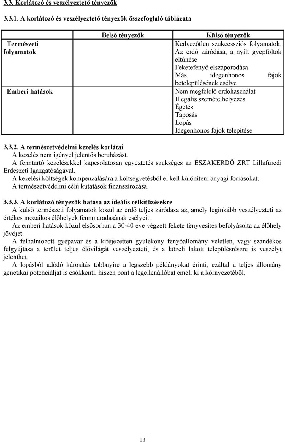 gyepfoltok eltűnése Feketefenyő elszaporodása Más idegenhonos fajok betelepülésének esélye Nem megfelelő erdőhasználat Illegális szemételhelyezés Égetés Taposás Lopás Idegenhonos fajok telepítése 3.3.2.