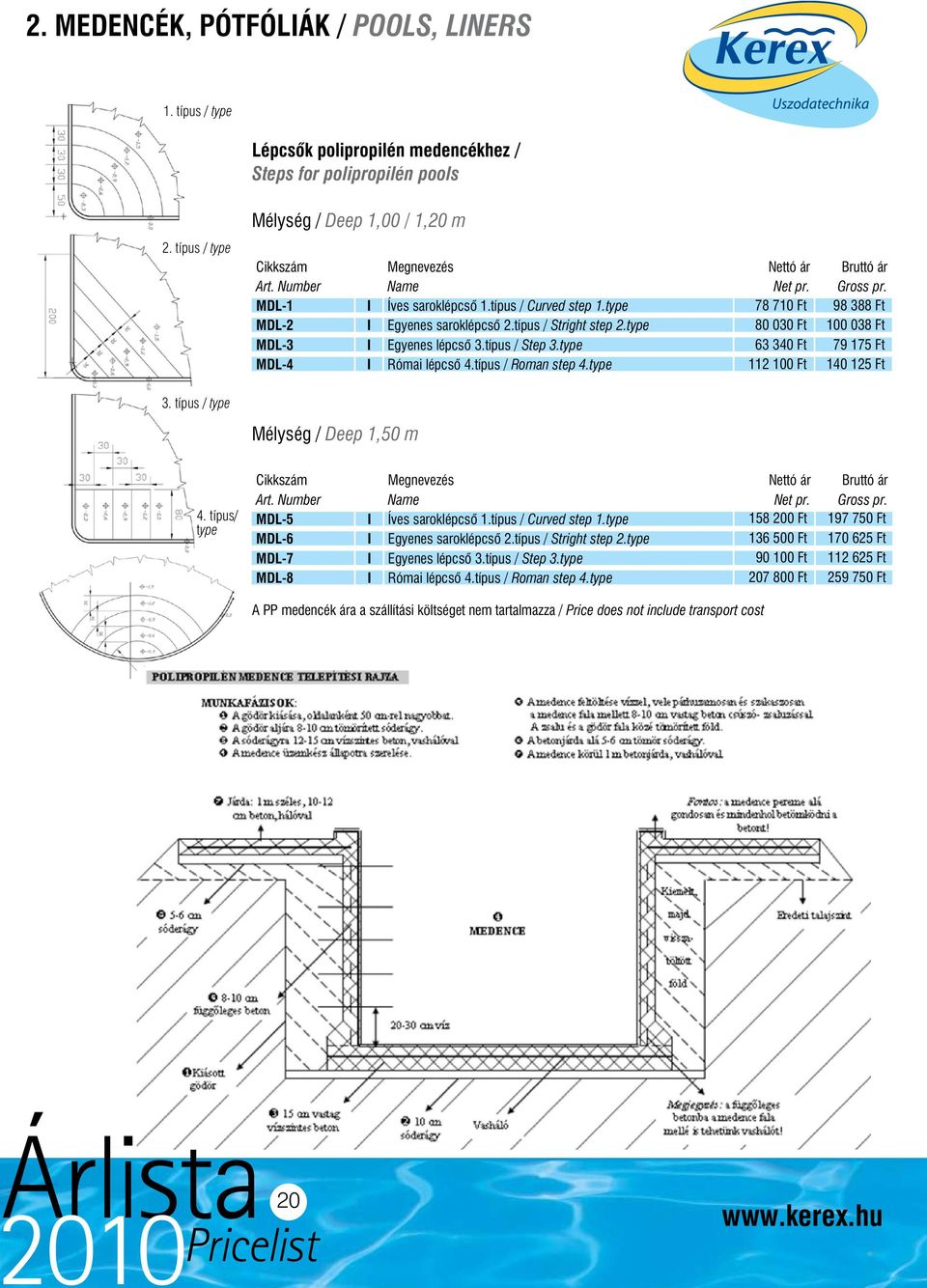type 63 340 Ft 79 175 Ft MDL-4 I Római lépcsõ 4.típus / Roman step 4.type 112 100 Ft 140 125 Ft 3. típus / type Mélység / Deep 1,50 m 4. típus/ type rt. Number Name Net pr. Gross pr.