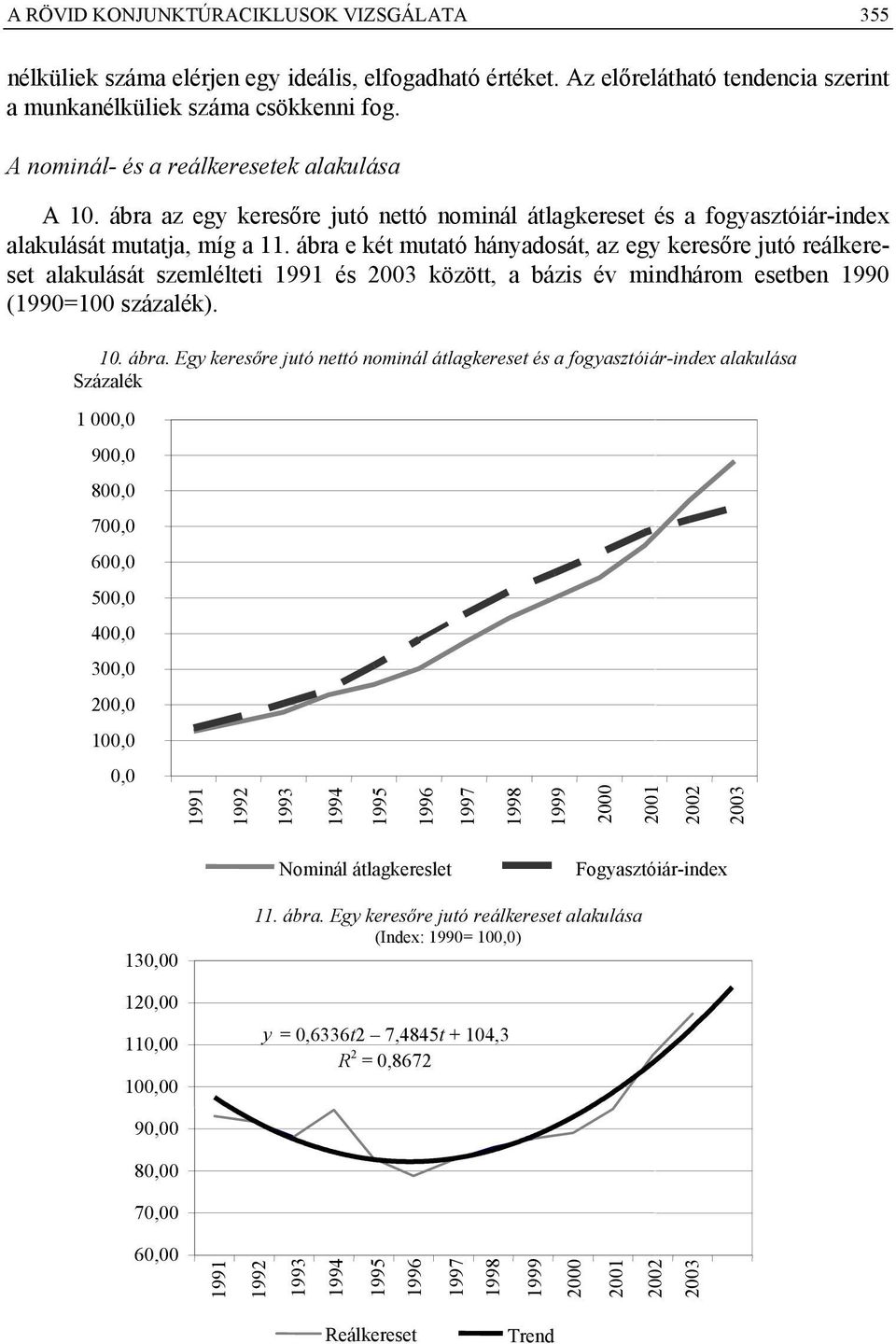 ábra e két mutató hányadosát, az egy keresőre jutó reálkereset alakulását szemlélteti 99 és 2003 között, a bázis év mindhárom esetben 990 (990=00 százalék). 0. ábra.