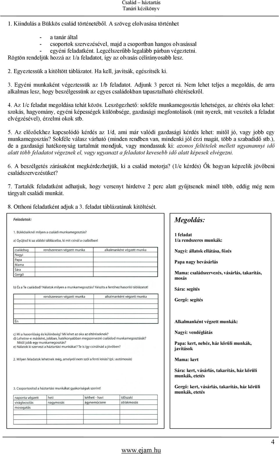 Egyéni munkaként végeztessük az 1/b feladatot. Adjunk 3 percet rá. Nem lehet teljes a megoldás, de arra alkalmas lesz, hogy beszélgessünk az egyes családokban tapasztalható eltérésekrıl. 4.