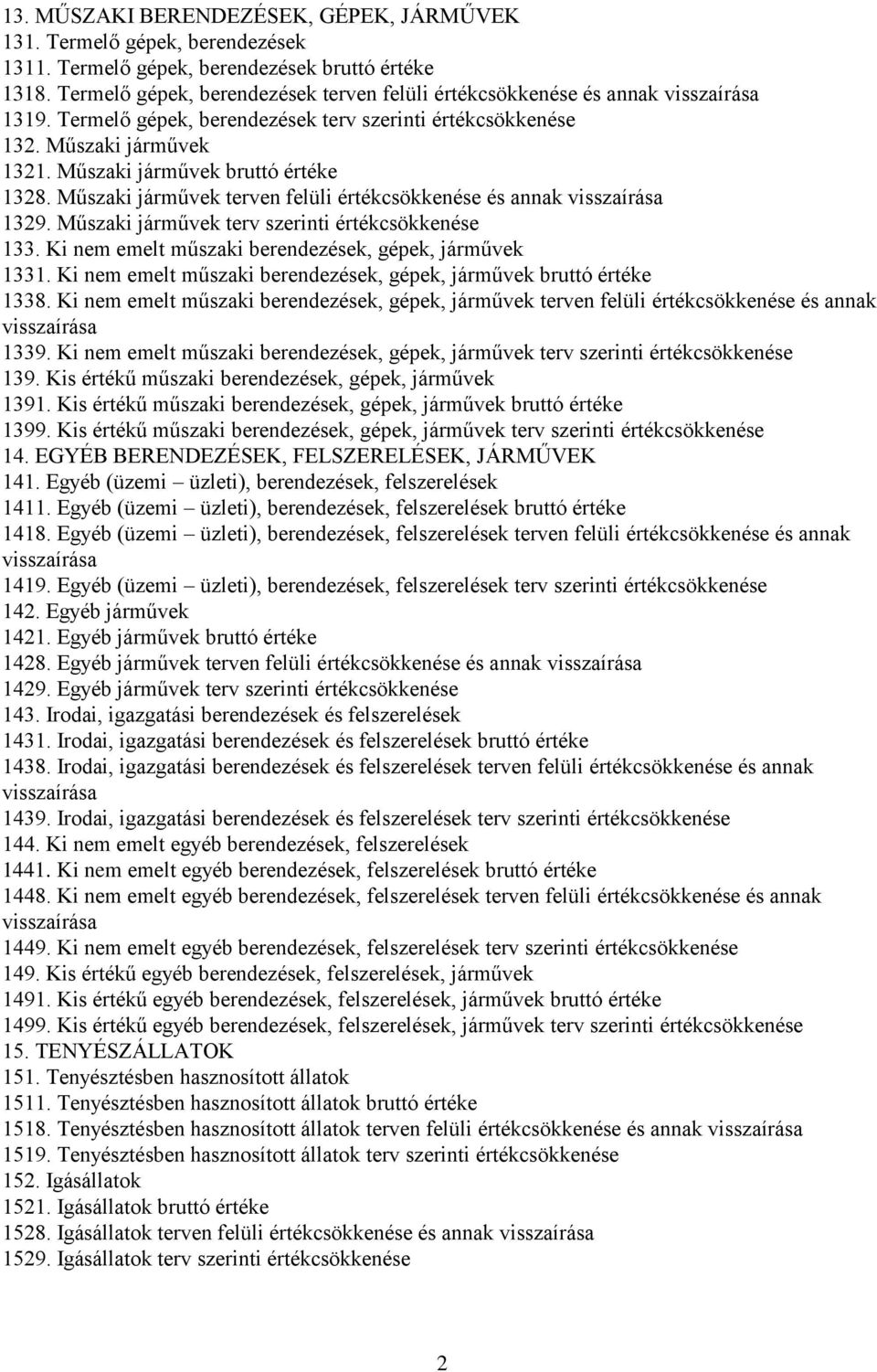 Műszaki járművek terven felüli értékcsökkenése és annak 1329. Műszaki járművek terv szerinti értékcsökkenése 133. Ki nem emelt műszaki berendezések, gépek, járművek 1331.