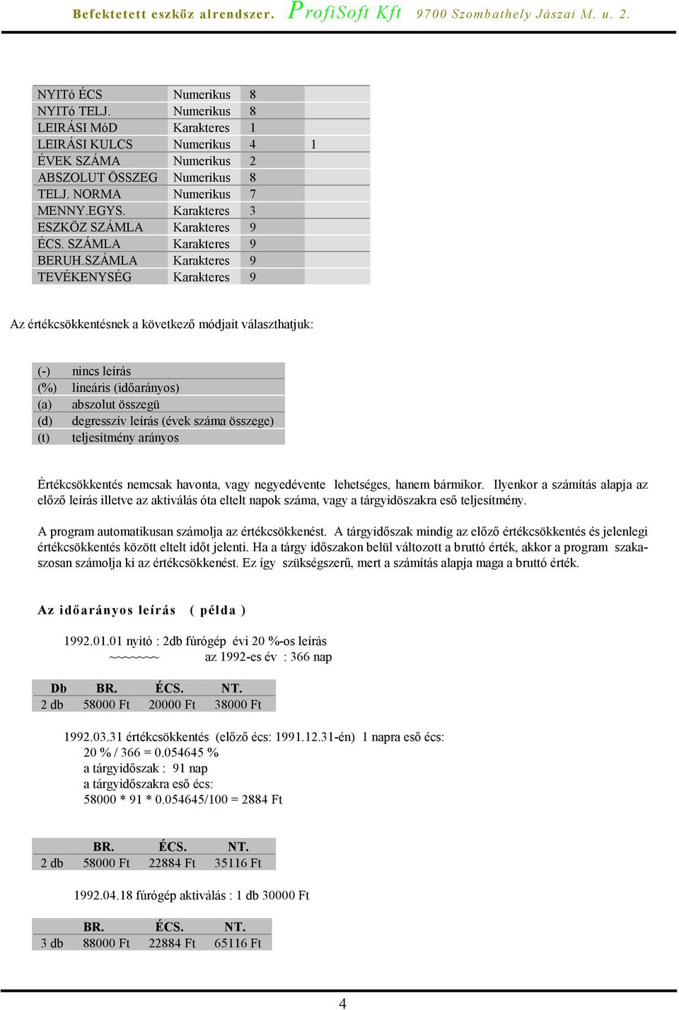 SZÁMLA Karakteres 9 TEVÉKENYSÉG Karakteres 9 Az értékcsökkentésnek a következő módjait választhatjuk: (-) nincs leírás (%) lineáris (időarányos) (a) abszolut összegü (d) degresszív leírás (évek száma