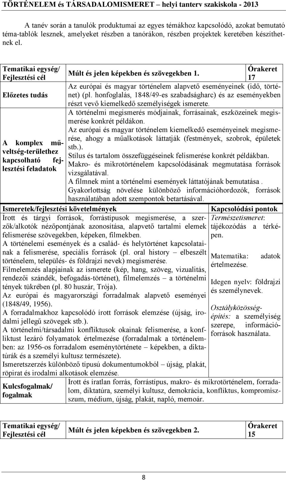 honfoglalás, 1848/49-es szabadságharc) és az eseményekben részt vevő kiemelkedő személyiségek ismerete. A történelmi megismerés módjainak, forrásainak, eszközeinek megismerése konkrét példákon.