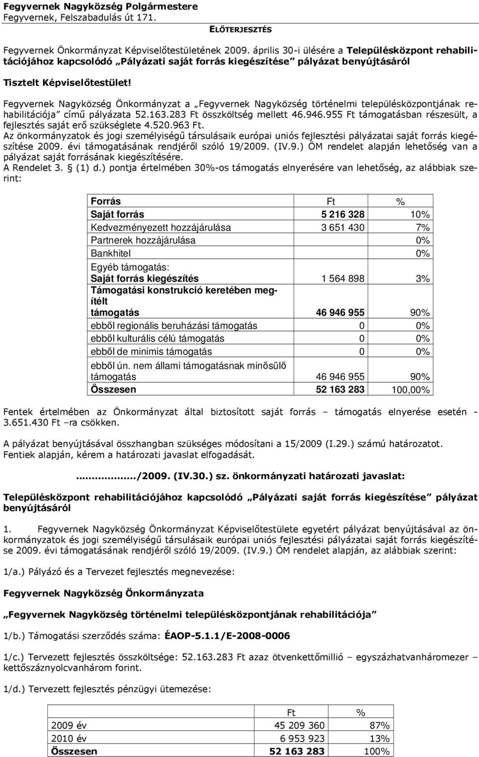 Fegyvernek Nagyközség Önkormányzat a Fegyvernek Nagyközség történelmi településközpontjának rehabilitációja című pályázata 52.163.283 Ft összköltség mellett 46.946.