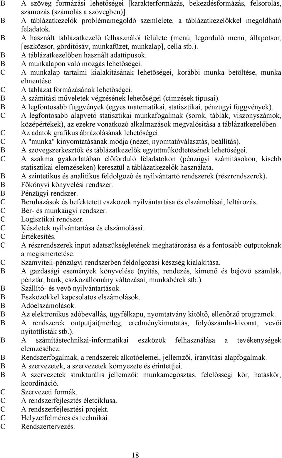 A használt táblázatkezelő felhasználói felülete (menü, legördülő menü, állapotsor, [eszközsor, gördítősáv, munkafüzet, munkalap], cella stb.). A táblázatkezelőben használt adattípusok.