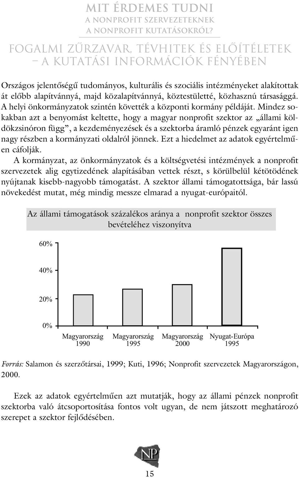 Mindez sokakban azt a benyomást keltette, hogy a magyar nonprofit szektor az állami köldökzsinóron függ, a kezdeményezések és a szektorba áramló pénzek egyaránt igen nagy részben a kormányzati