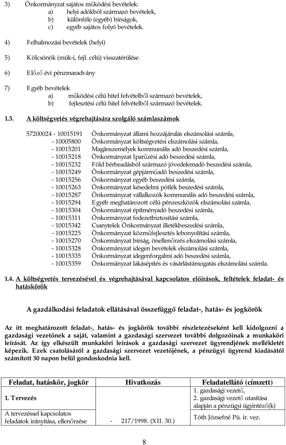 célú) visszatérülése 6) El évi pénzmaradvány 7) Egyéb bevételek a) m ködési célú hitel felvételb l származó bevételek, b) fejlesztési célú hitel felvételb l származó bevételek. 1.3.