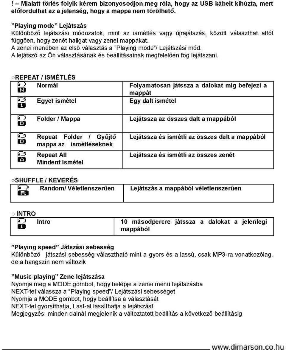 A zenei menüben az első választás a Playing mode / Lejátszási mód. A lejátszó az Ön választásának és beállításainak megfelelően fog lejátszani.