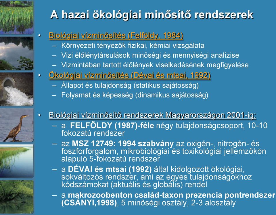 vízminősítő rendszerek Magyarországon 2001-ig: a FELFÖLDY (1987)-féle négy tulajdonságcsoport, 10-10 fokozatú rendszer az MSZ 12749: 1994 szabvány az oxigén-, nitrogén- és foszforforgalom,