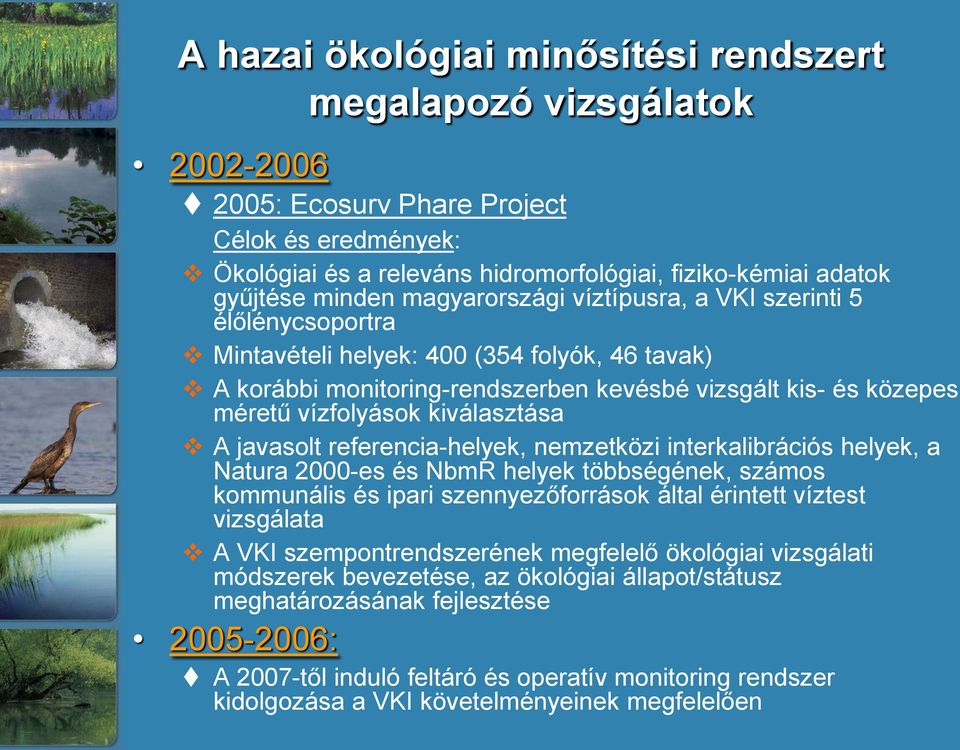 kiválasztása A javasolt referencia-helyek, nemzetközi interkalibrációs helyek, a Natura 2000-es és NbmR helyek többségének, számos kommunális és ipari szennyezőforrások által érintett víztest