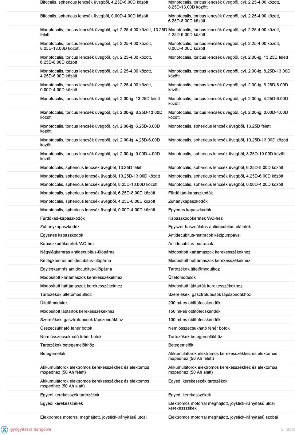 00D Monofocalis, toricus lencsék üvegből, cyl. 2.25-4.00, 8.25D-13.00D Monofocalis, toricus lencsék üvegből, cyl. 2.25-4.00, 6.25D-8.00D Monofocalis, toricus lencsék üvegből, cyl. 2.25-4.00, 4.25D-6.