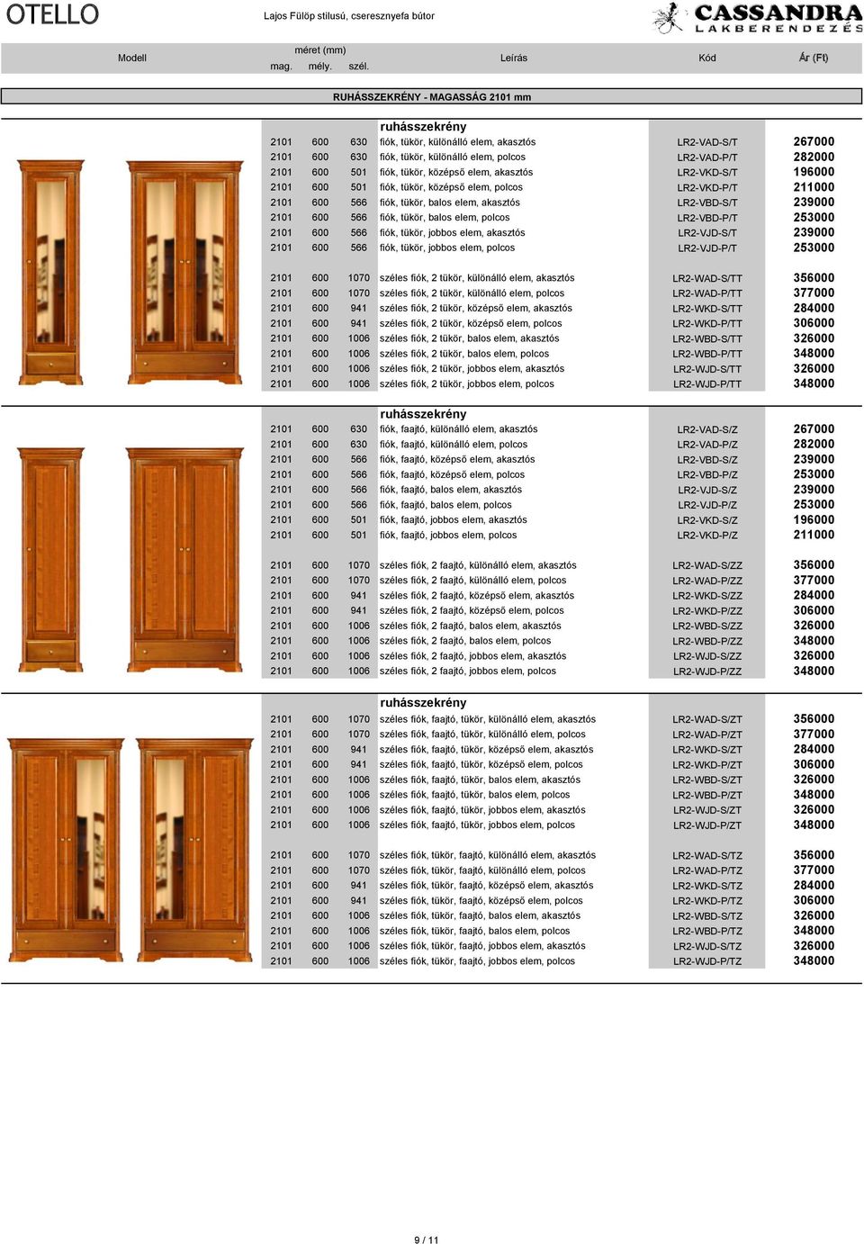 fiók, tükör, balos elem, polcos LR2-VBD-P/T 253000 2101 600 566 fiók, tükör, jobbos elem, akasztós LR2-VJD-S/T 239000 2101 600 566 fiók, tükör, jobbos elem, polcos LR2-VJD-P/T 253000 2101 600 1070