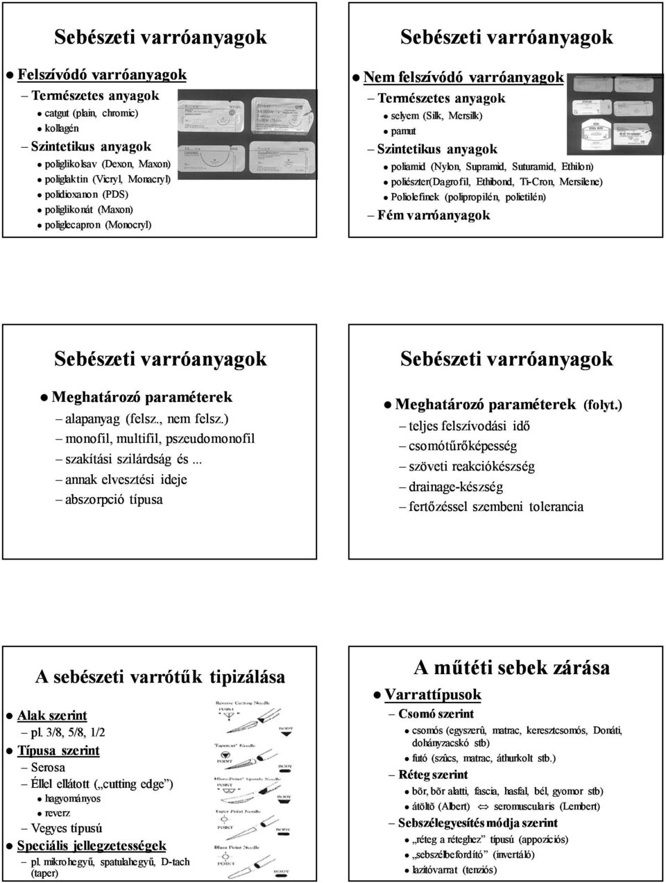 Suturamid, Ethilon) poliészter(dagrofil, Ethibond, TiCron, Mersilene) Poliolefinek (polipropilén, polietilén) Fém varróanyagok Sebészeti varróanyagok Meghatározó paraméterek alapanyag (felsz.