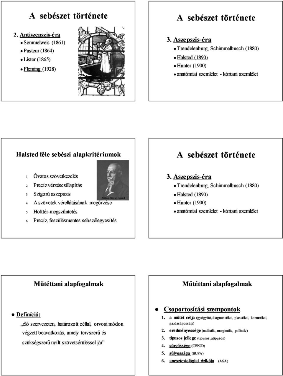 Precíz vérzéscsillapítás 3. Szigorú aszepszis 4. A szövetek vérellátásának megőrzése 5. Holttérmegszűntetés William Stewart Halsted 6. Precíz, feszülésmentes sebszélegyesítés 3.