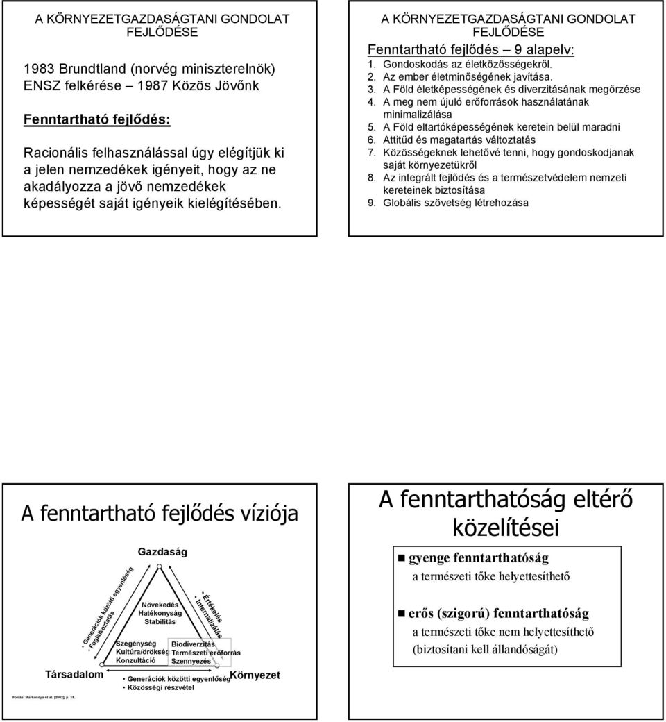 Gondoskodás az életközösségekről. 2. Az ember életminőségének javítása. 3. A Föld életképességének és diverzitásának megőrzése 4. A meg nem újuló erőforrások használatának minimalizálása 5.