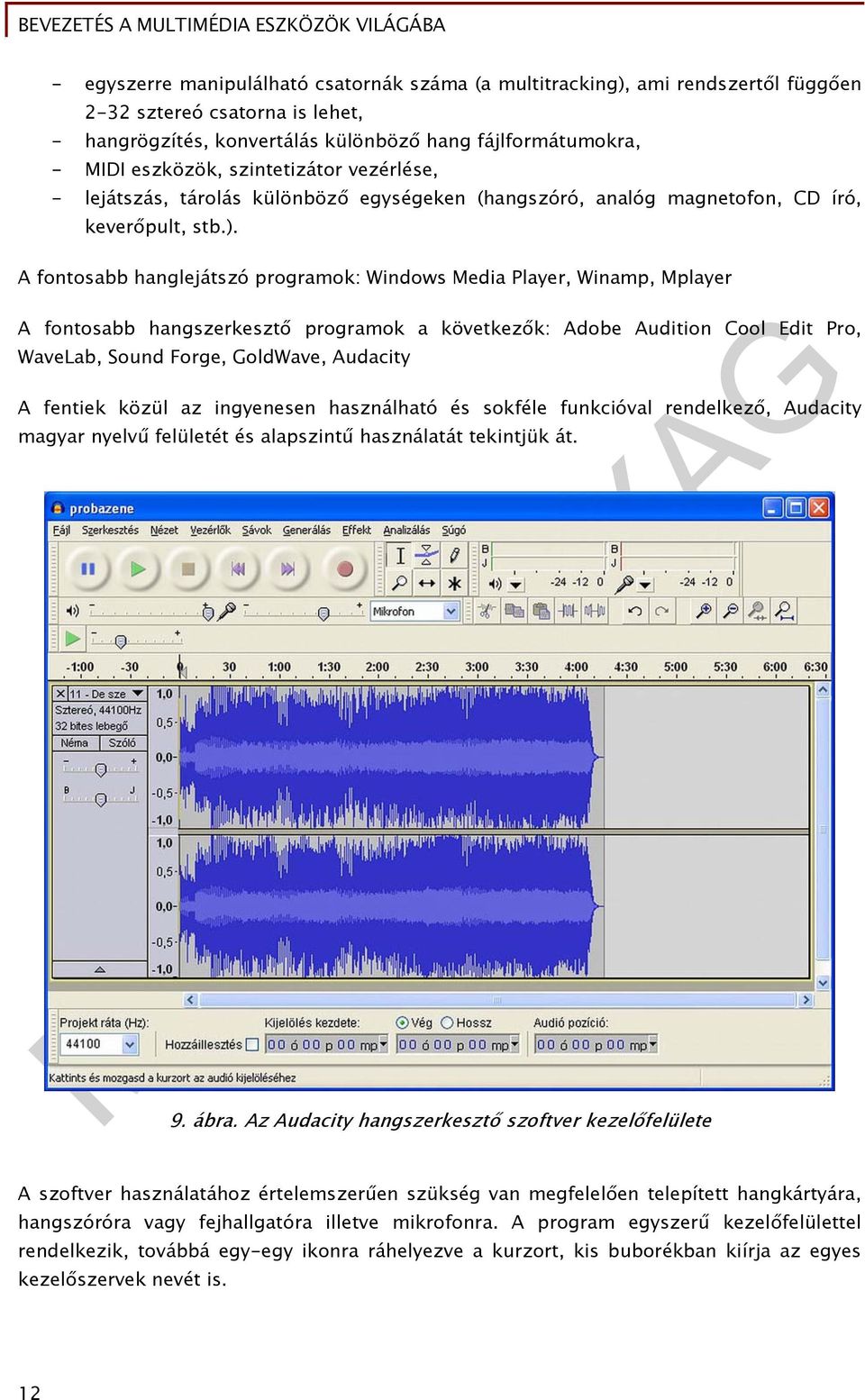 A fontosabb hanglejátszó programok: Windows Media Player, Winamp, Mplayer A fontosabb hangszerkesztő programok a következők: Adobe Audition Cool Edit Pro, WaveLab, Sound Forge, GoldWave, Audacity A