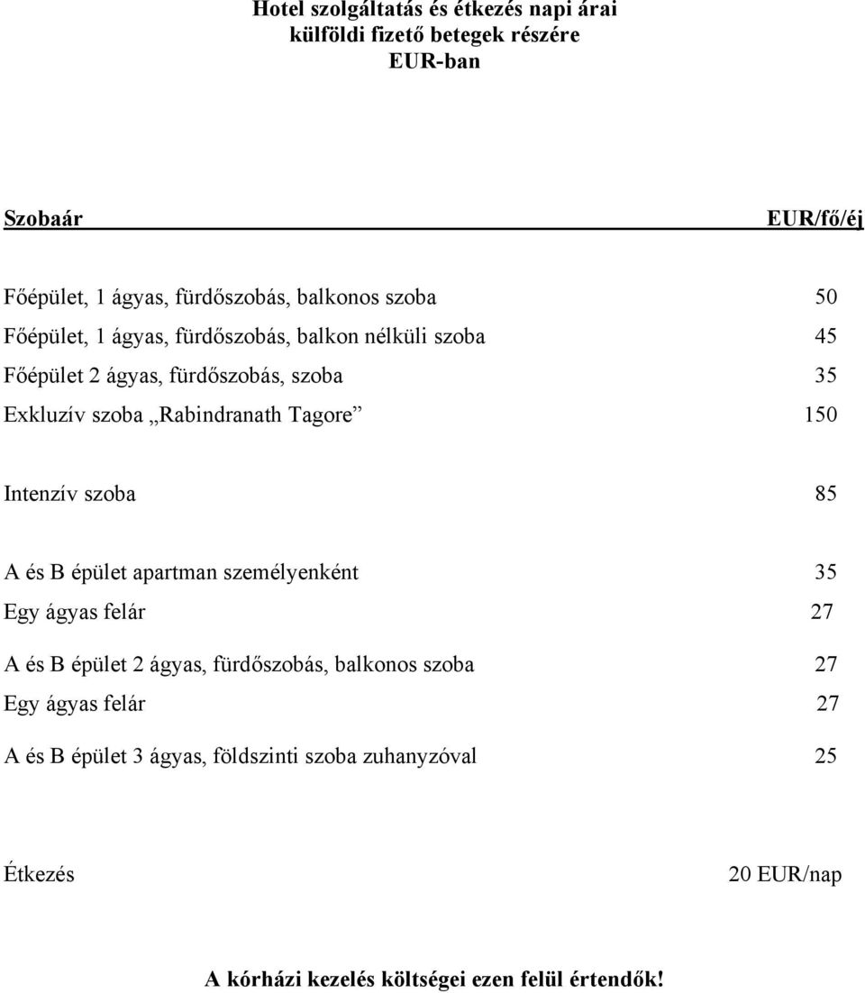 Tagore 150 Intenzív szoba 85 A és B épület apartman személyenként 35 Egy ágyas felár 27 A és B épület 2 ágyas, fürdőszobás, balkonos szoba