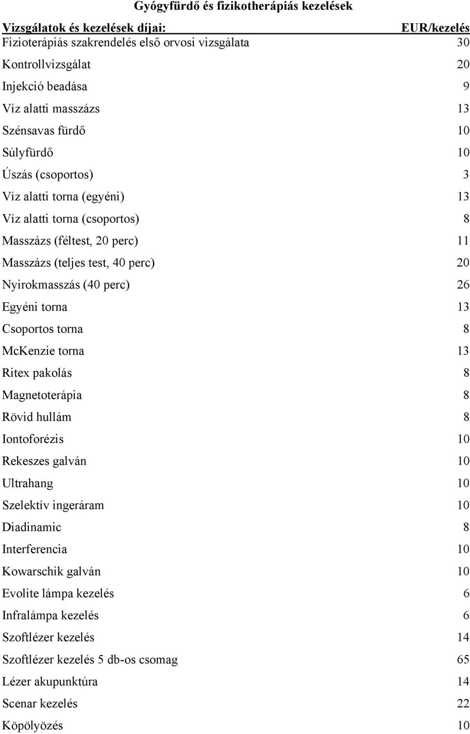 Nyirokmasszás (40 perc) 26 Egyéni torna 13 Csoportos torna 8 McKenzie torna 13 Ritex pakolás 8 Magnetoterápia 8 Rövid hullám 8 Iontoforézis 10 Rekeszes galván 10 Ultrahang 10 Szelektív ingeráram