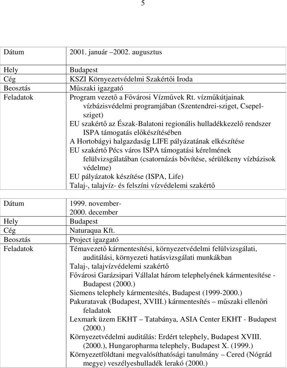 LIFE pályázatának elkészítése EU szakértő Pécs város ISPA támogatási kérelmének felülvizsgálatában (csatornázás bővítése, sérülékeny vízbázisok védelme) EU pályázatok készítése (ISPA, Life) Talaj-,