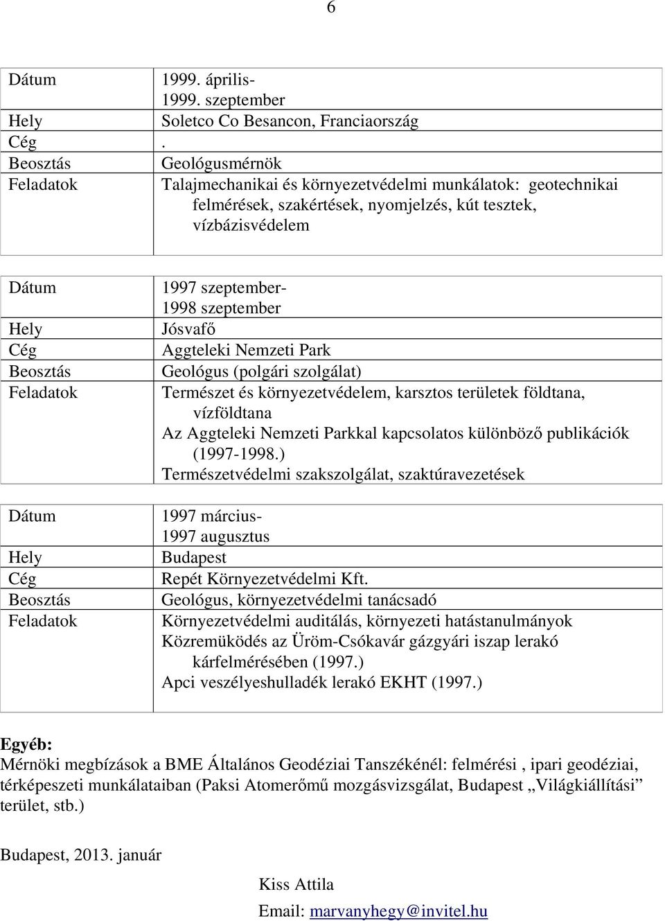 Nemzeti Park Geológus (polgári szolgálat) Természet és környezetvédelem, karsztos területek földtana, vízföldtana Az Aggteleki Nemzeti Parkkal kapcsolatos különböző publikációk (1997-1998.