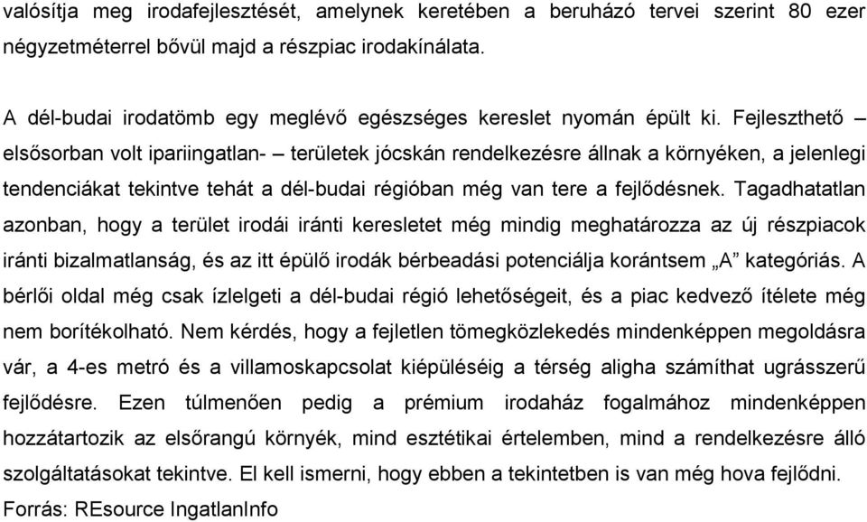 Fejleszthető elsősorban volt ipariingatlan- területek jócskán rendelkezésre állnak a környéken, a jelenlegi tendenciákat tekintve tehát a dél-budai régióban még van tere a fejlődésnek.