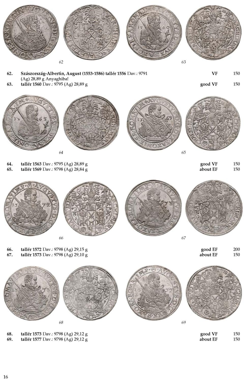 : 9798 (Ag) 28,84 g about EF 150 66 67 66. tallér 1572 Dav.: 9798 (Ag) 29,15 g good EF 200 67. tallér 1573 Dav.