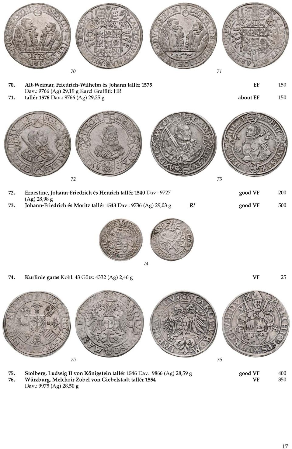 Johann-Friedrich és Moritz tallér 1543 Dav.: 9736 (Ag) 29,03 g R! good VF 500 74 74. Kurlinie garas Kohl: 43 Götz: 4332 (Ag) 2,46 g VF 25 75 76 75.