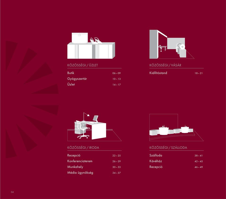 25 Konferenciaterem 26 29 Munkahely 30 33 KÖZÖSSÉGI / SZÁLLODA
