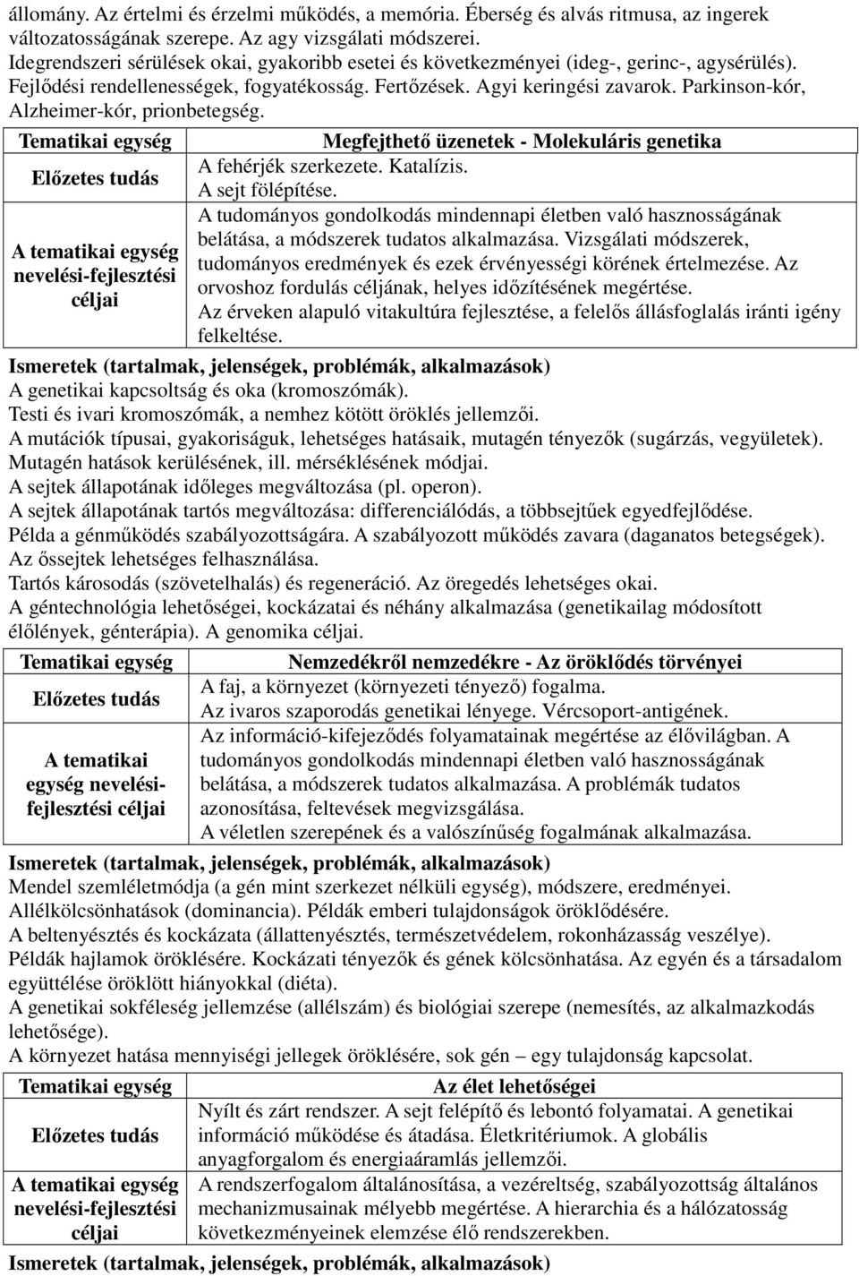 Parkinson-kór, Alzheimer-kór, prionbetegség. Megfejthető üzenetek - Molekuláris genetika A fehérjék szerkezete. Katalízis. A sejt fölépítése.