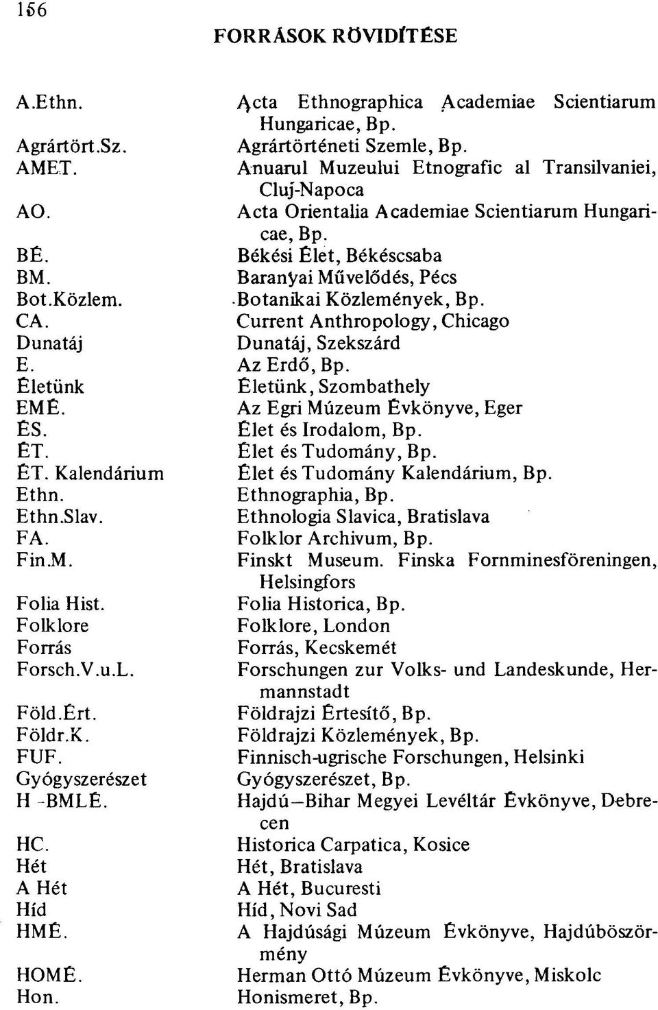 Current Anthropology, Chicago Dunatáj Dunatáj, Szekszárd E. Az Erdő, Bp. Életünk Életünk, Szombathely EMÊ. Az Egri Múzeum Évkönyve, Eger ÉS. Élet és Irodalom, Bp. ÉT.