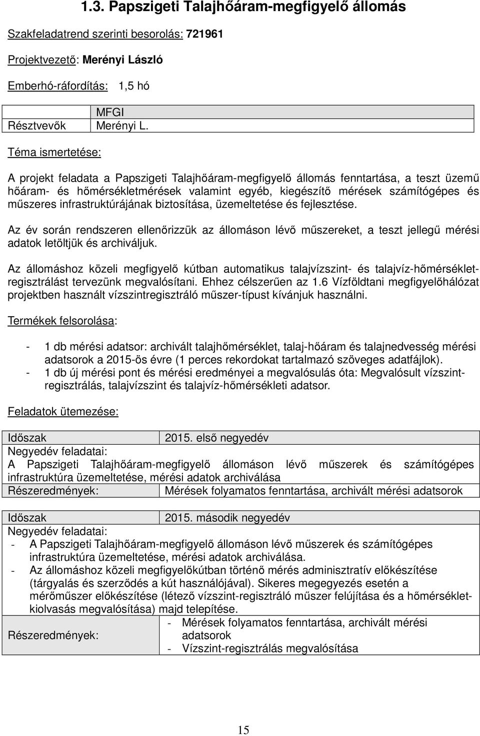 infrastruktúrájának biztosítása, üzemeltetése és fejlesztése. Az év során rendszeren ellenőrizzük az állomáson lévő műszereket, a teszt jellegű mérési adatok letöltjük és archiváljuk.